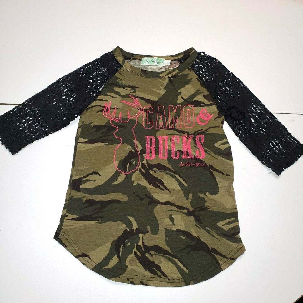 Southern Grace Shirt Girls 4 Camo‎ & Bucks Black Lace Sleeves Pink Glitter Top
